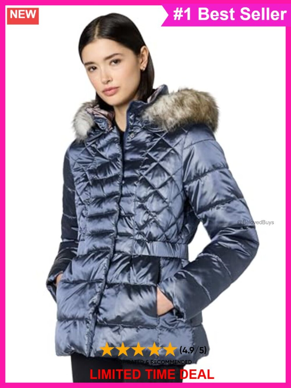 Faux Fur Puffer Jacket Quilted Hooded Zip Up Warm Coat